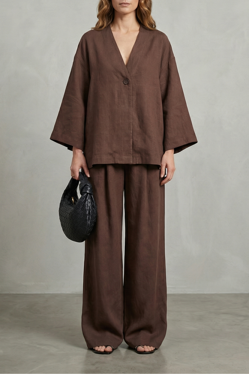 Harriet | Linen Co-Ord Set Chocolate Brown Wide-Leg V-Neck for Women