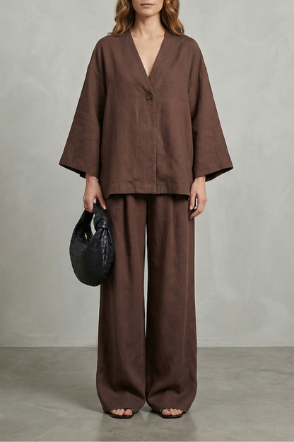 Harriet | Linen Co-Ord Set Chocolate Brown Wide-Leg V-Neck for Women