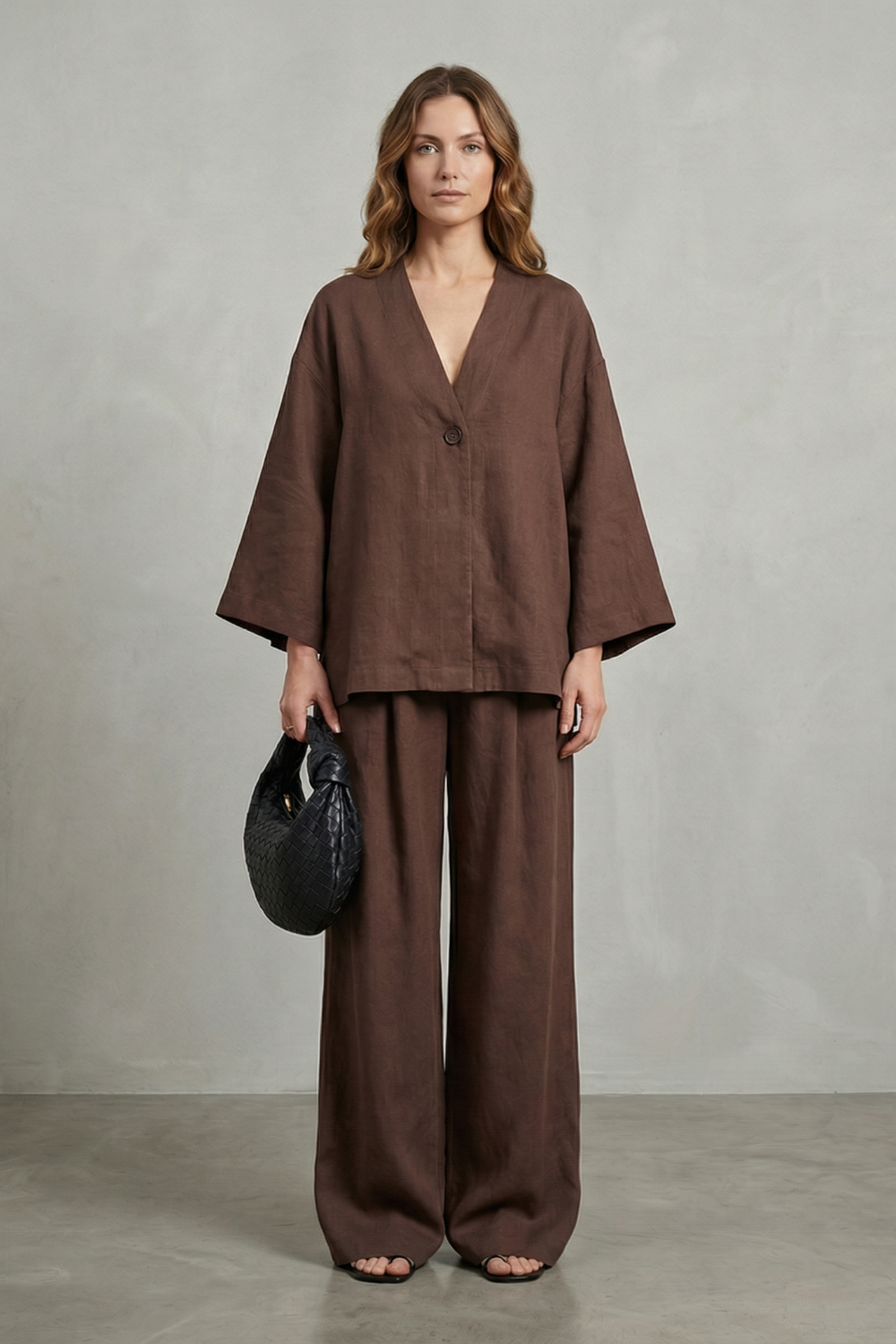 Harriet | Linen Co-Ord Set Chocolate Brown Wide-Leg V-Neck for Women