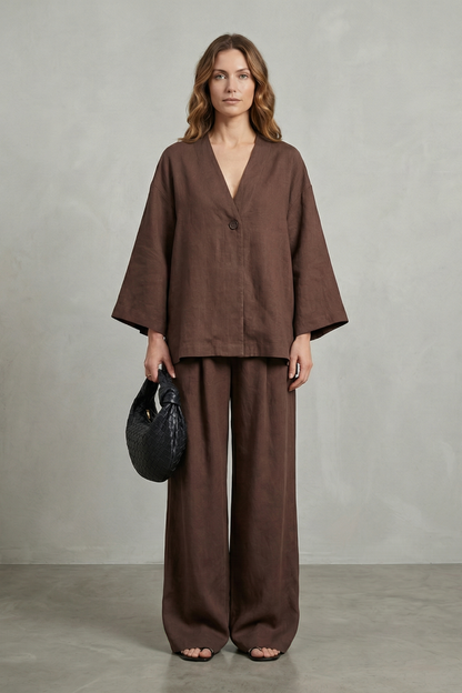 Harriet | Linen Co-Ord Set Chocolate Brown Wide-Leg V-Neck for Women