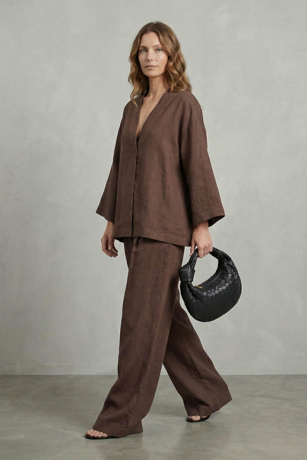 Harriet | Linen Co-Ord Set Chocolate Brown Wide-Leg V-Neck for Women