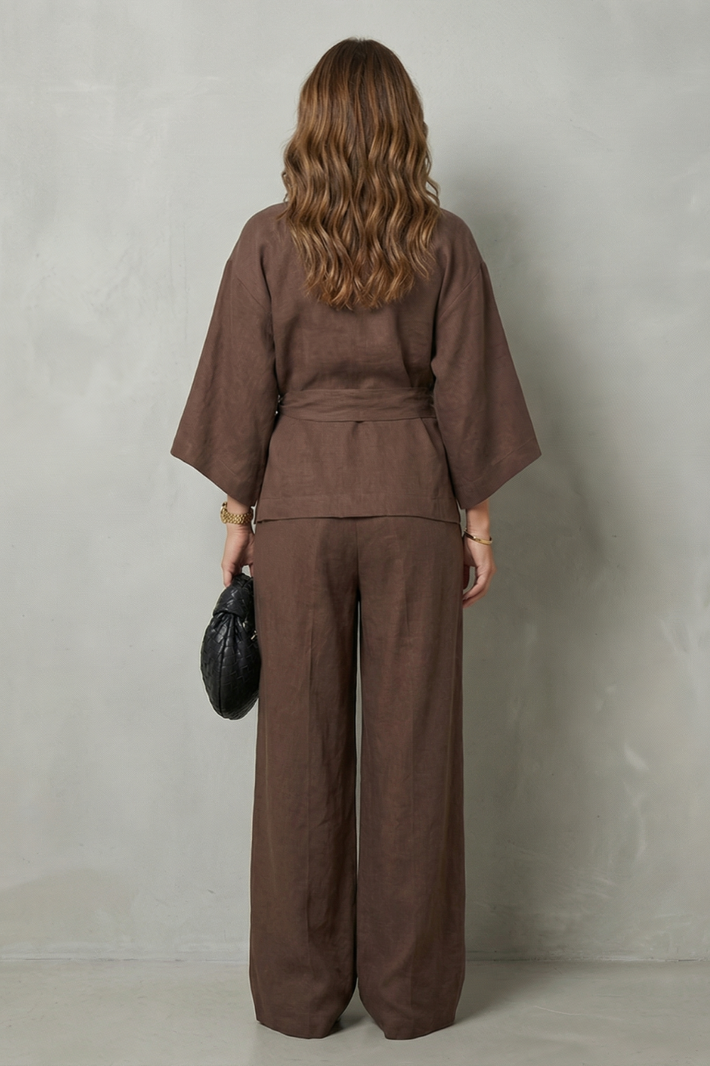 Harriet | Linen Co-Ord Set Chocolate Brown Wide-Leg V-Neck for Women