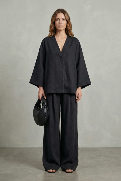 Harriet | Linen Co-Ord Set Chocolate Brown Wide-Leg V-Neck for Women