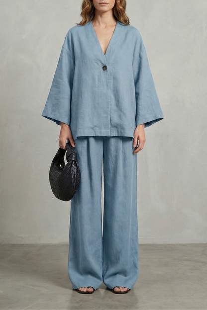 Harriet | Linen Co-Ord Set Chocolate Brown Wide-Leg V-Neck for Women