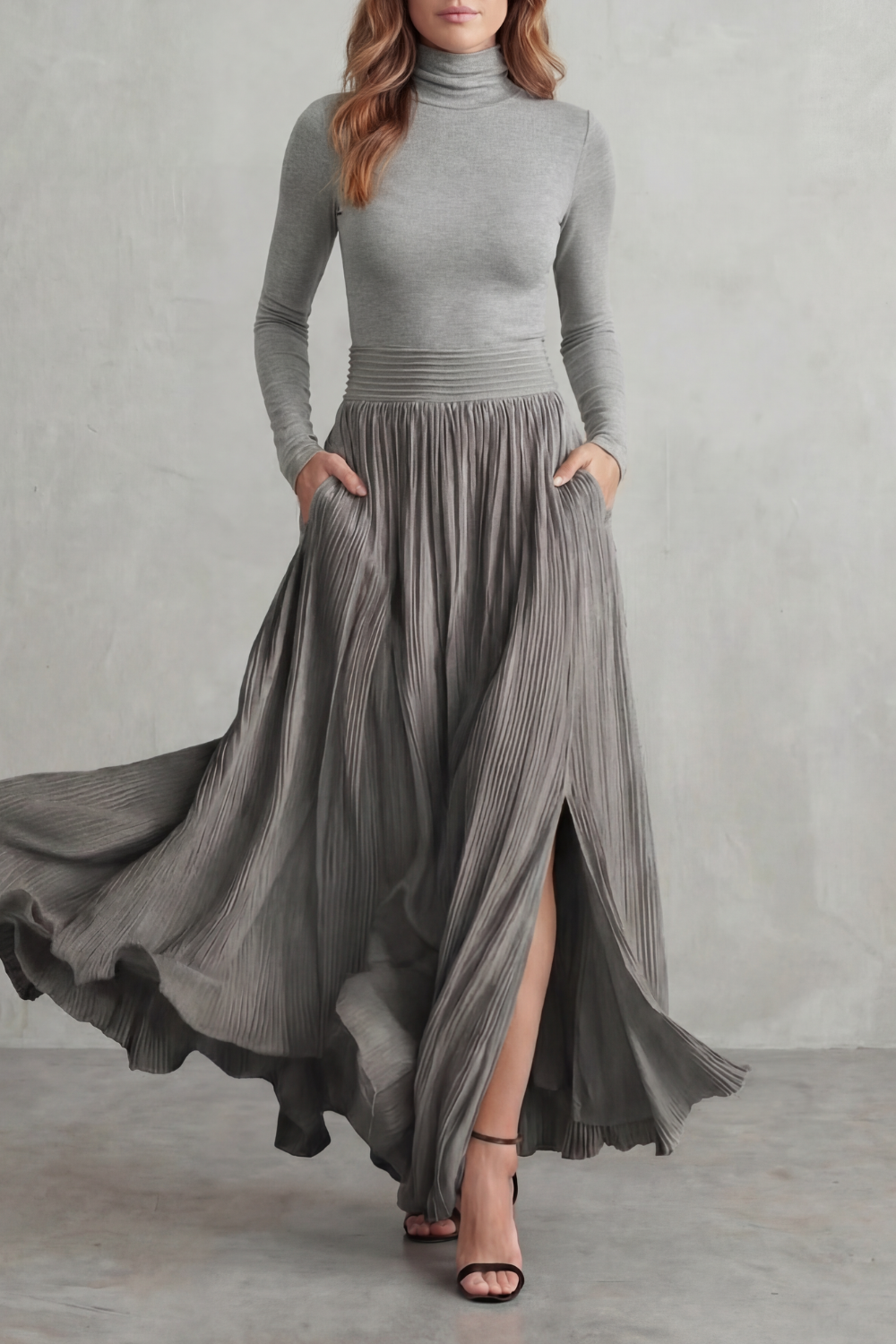 Phoebe | Pleated Maxi Skirt Set Black Satin Two-Piece Turtleneck for Women