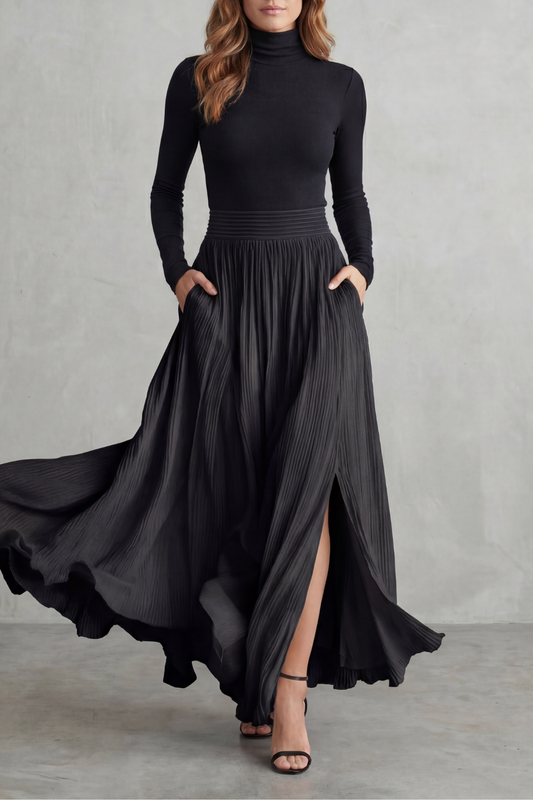 Phoebe | Pleated Maxi Skirt Set Black Satin Two-Piece Turtleneck for Women
