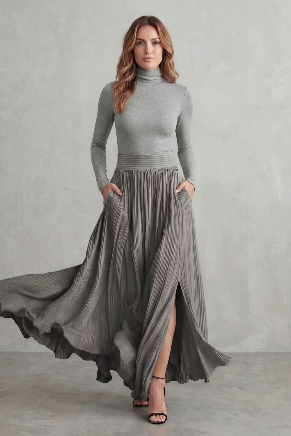 Phoebe | Pleated Maxi Skirt Set Black Satin Two-Piece Turtleneck for Women