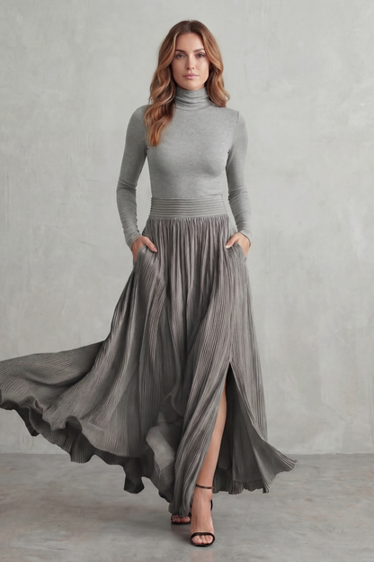 Phoebe | Pleated Maxi Skirt Set Black Satin Two-Piece Turtleneck for Women