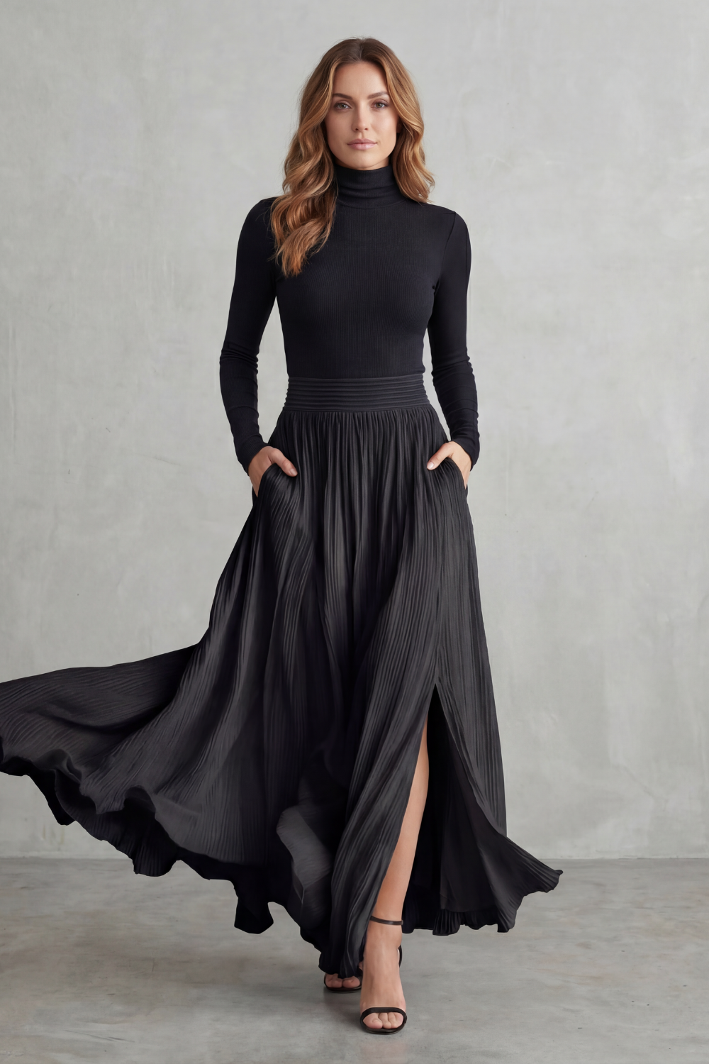 Phoebe | Pleated Maxi Skirt Set Black Satin Two-Piece Turtleneck for Women