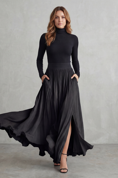 Phoebe | Pleated Maxi Skirt Set Black Satin Two-Piece Turtleneck for Women
