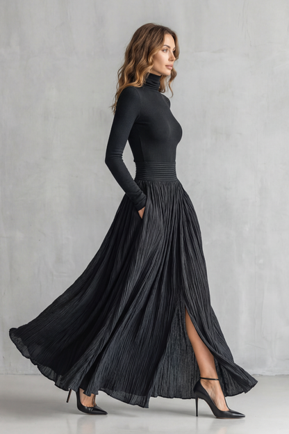 Phoebe | Pleated Maxi Skirt Set Black Satin Two-Piece Turtleneck for Women