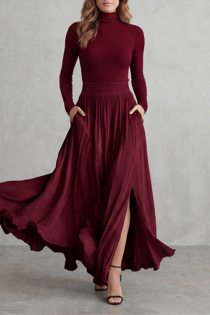 Phoebe | Pleated Maxi Skirt Set Black Satin Two-Piece Turtleneck for Women