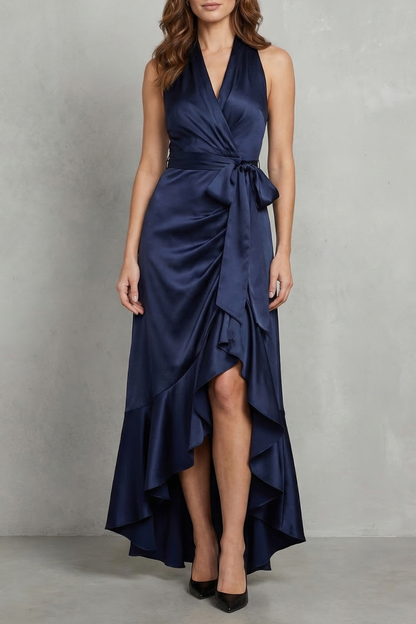 Nadia | Maxi Wrap Dress Navy Blue Satin Halter High-Low Ruffle for Women