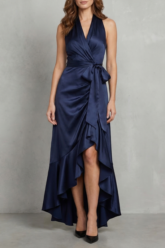 Nadia | Maxi Wrap Dress Navy Blue Satin Halter High-Low Ruffle for Women
