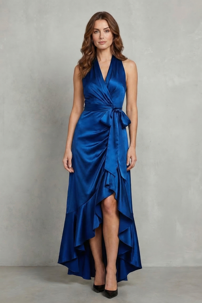 Nadia | Maxi Wrap Dress Navy Blue Satin Halter High-Low Ruffle for Women