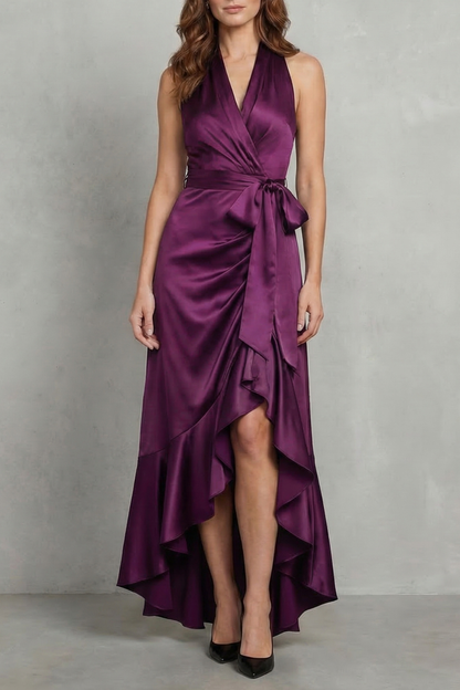 Nadia | Maxi Wrap Dress Navy Blue Satin Halter High-Low Ruffle for Women