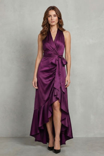 Nadia | Maxi Wrap Dress Navy Blue Satin Halter High-Low Ruffle for Women