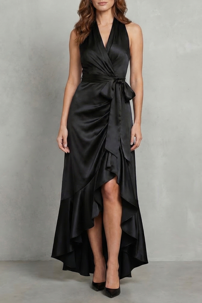 Nadia | Maxi Wrap Dress Navy Blue Satin Halter High-Low Ruffle for Women