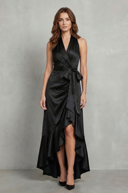 Nadia | Maxi Wrap Dress Navy Blue Satin Halter High-Low Ruffle for Women