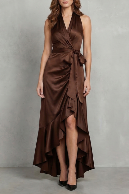 Nadia | Maxi Wrap Dress Navy Blue Satin Halter High-Low Ruffle for Women