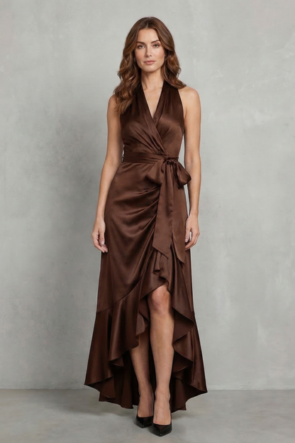 Nadia | Maxi Wrap Dress Navy Blue Satin Halter High-Low Ruffle for Women