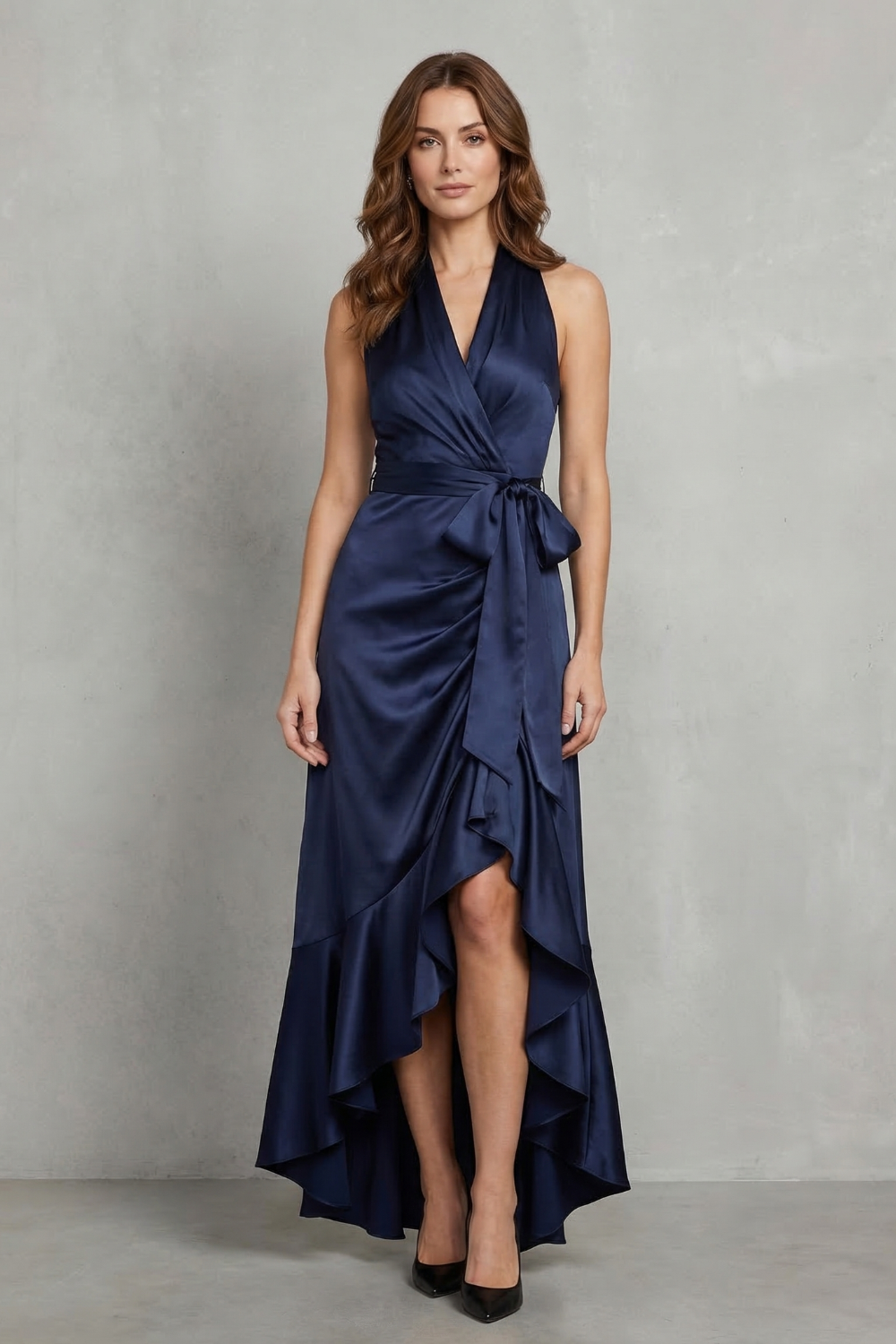 Nadia | Maxi Wrap Dress Navy Blue Satin Halter High-Low Ruffle for Women