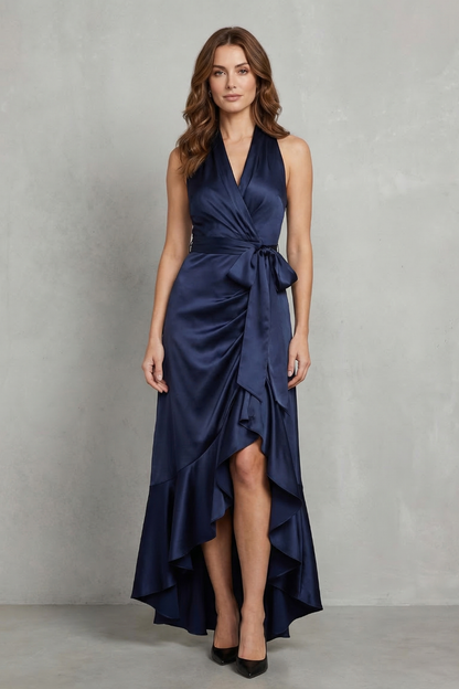 Nadia | Maxi Wrap Dress Navy Blue Satin Halter High-Low Ruffle for Women