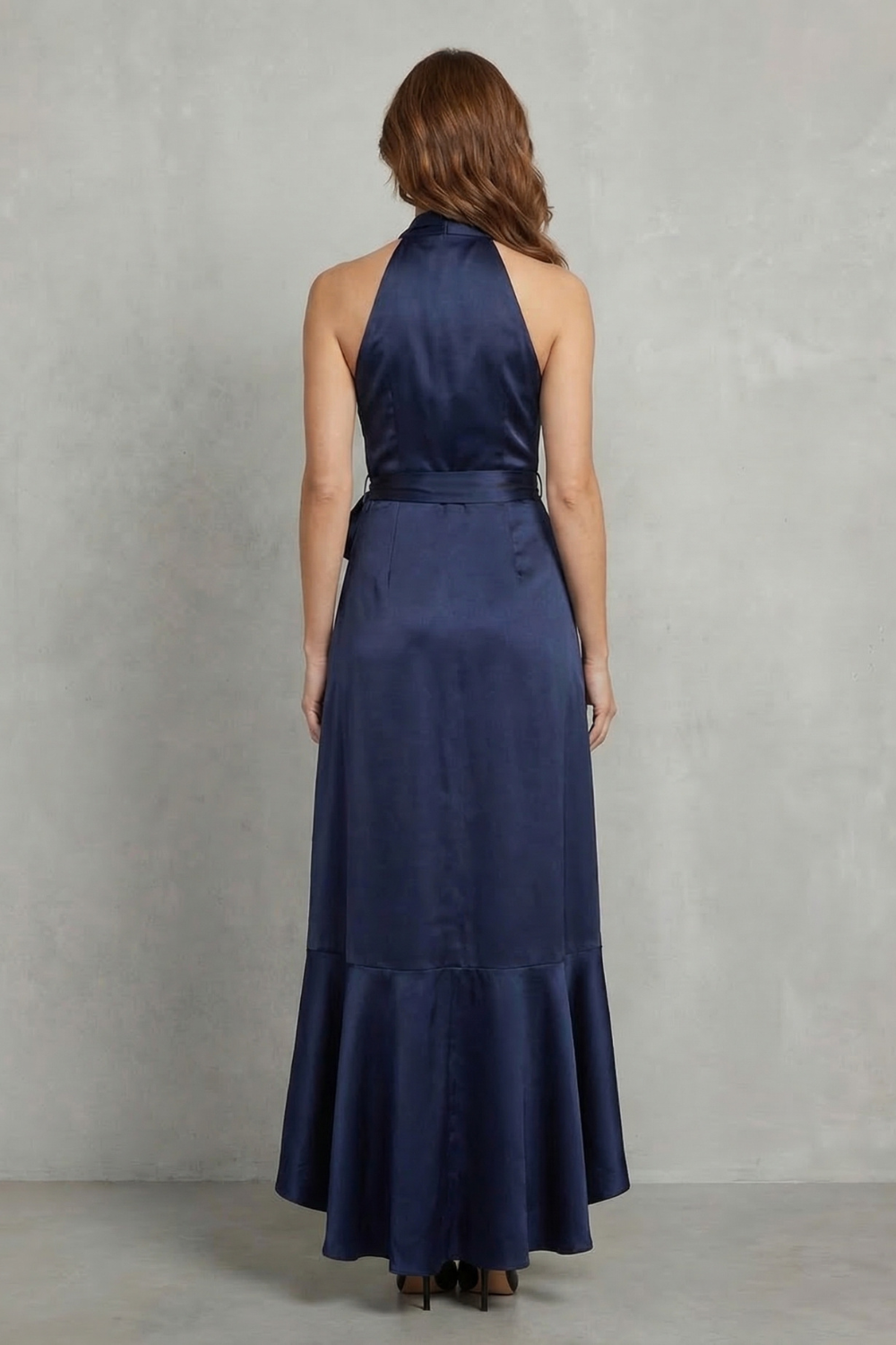 Nadia | Maxi Wrap Dress Navy Blue Satin Halter High-Low Ruffle for Women
