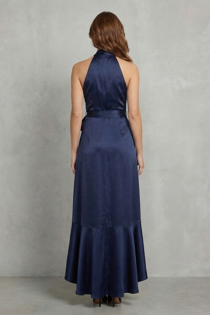 Nadia | Maxi Wrap Dress Navy Blue Satin Halter High-Low Ruffle for Women