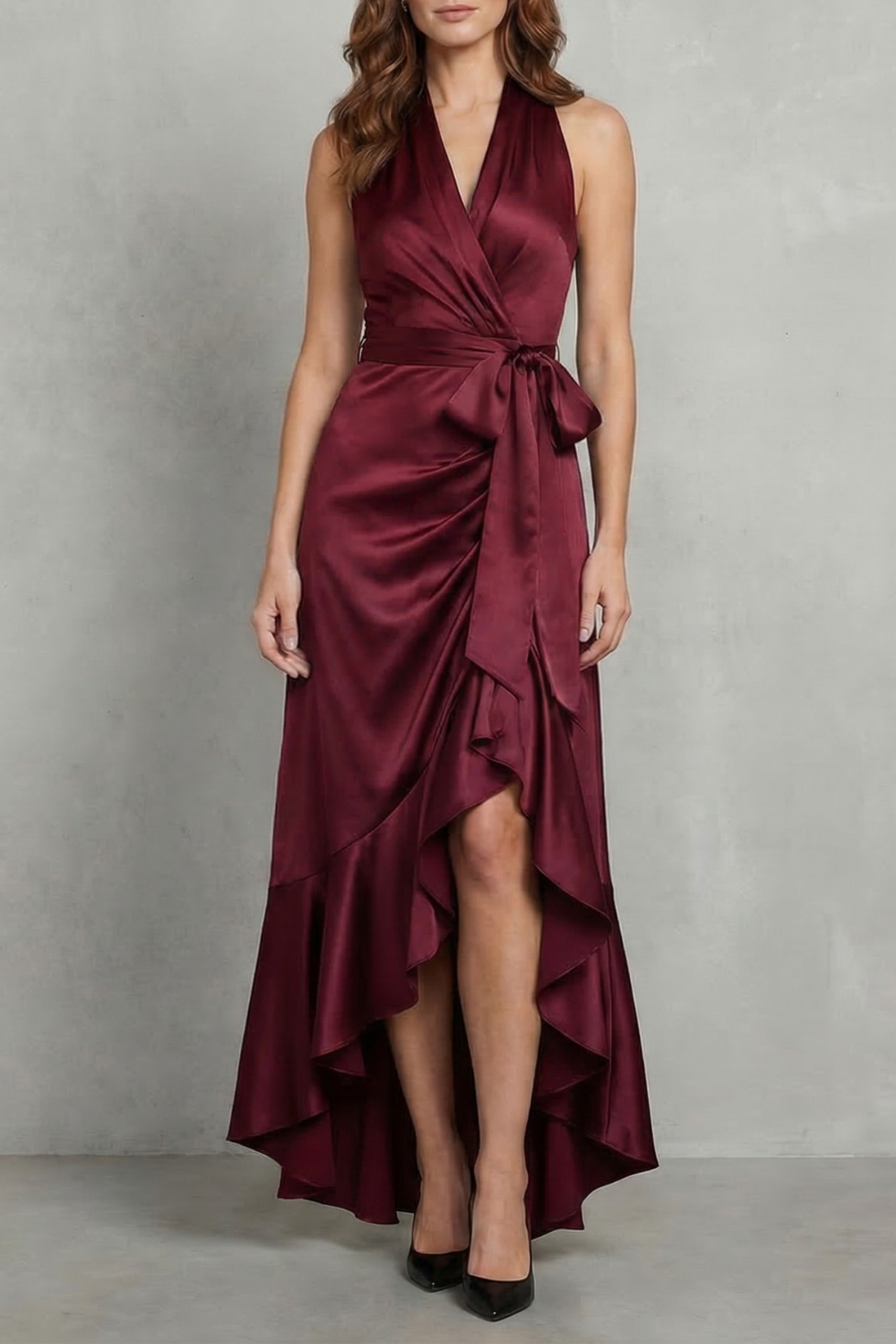 Nadia | Maxi Wrap Dress Navy Blue Satin Halter High-Low Ruffle for Women