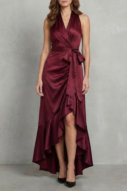 Nadia | Maxi Wrap Dress Navy Blue Satin Halter High-Low Ruffle for Women