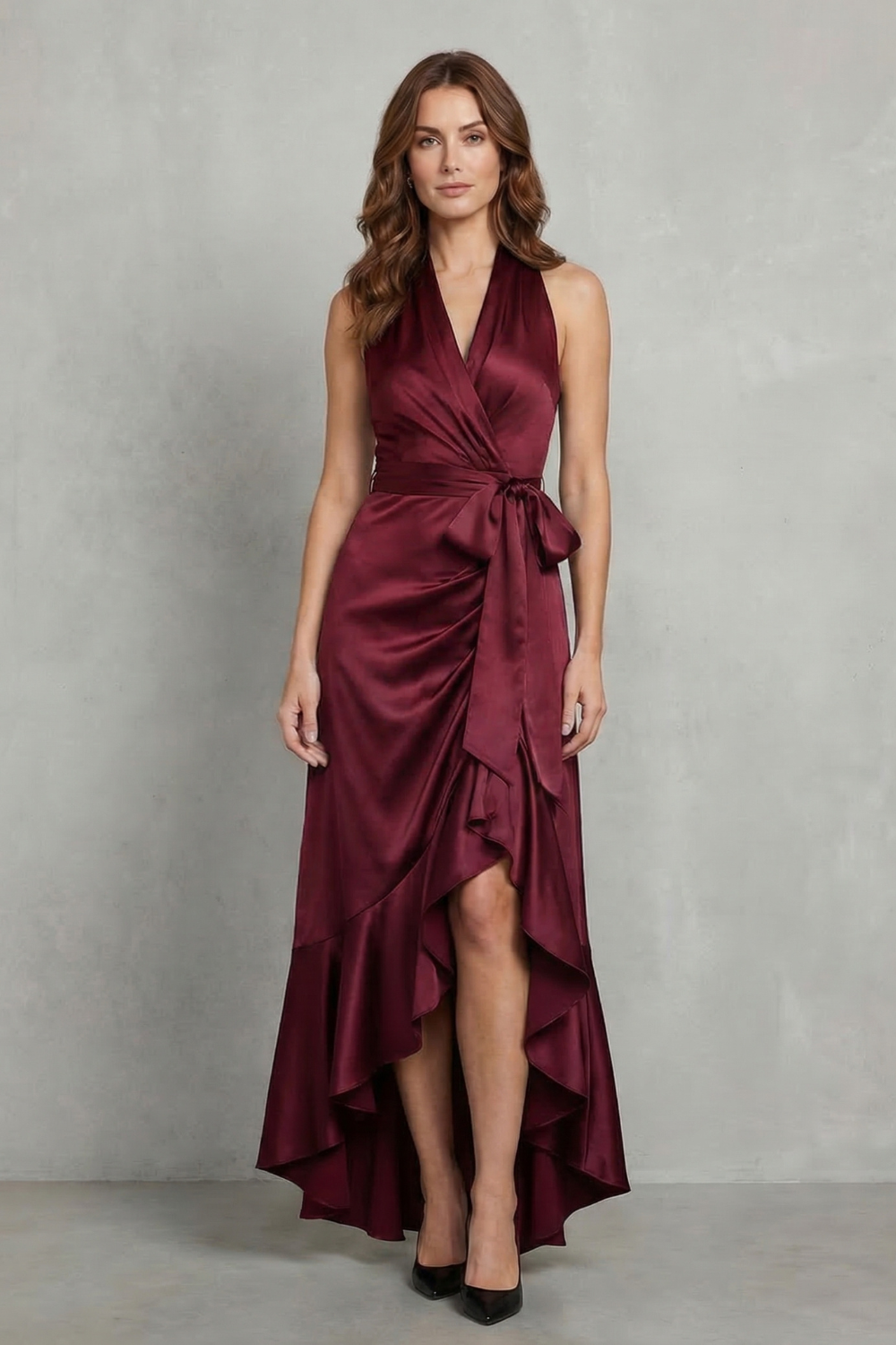Nadia | Maxi Wrap Dress Navy Blue Satin Halter High-Low Ruffle for Women