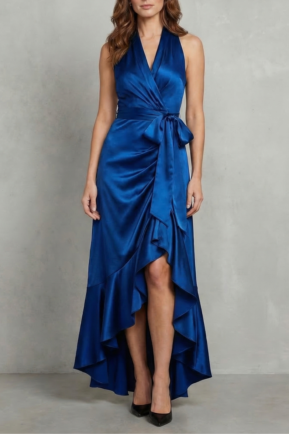 Nadia | Maxi Wrap Dress Navy Blue Satin Halter High-Low Ruffle for Women