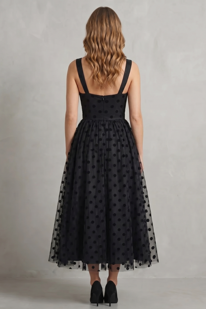 Rowena | Midi Dress Black Polka Dot Tulle Bustier Corset for Women