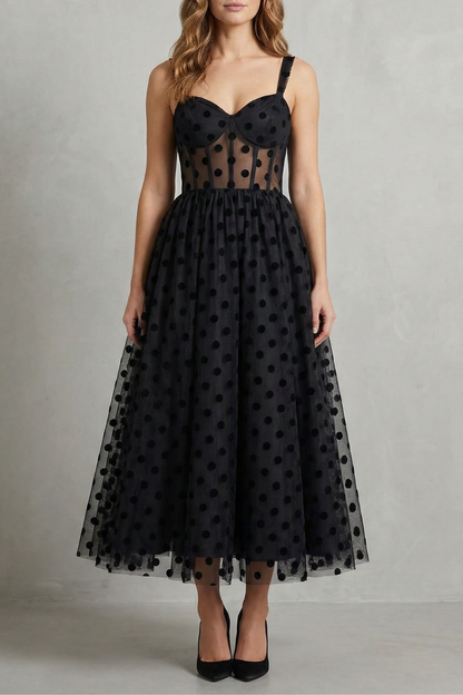 Rowena | Midi Dress Black Polka Dot Tulle Bustier Corset for Women