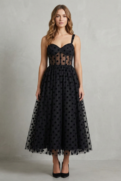 Rowena | Midi Dress Black Polka Dot Tulle Bustier Corset for Women