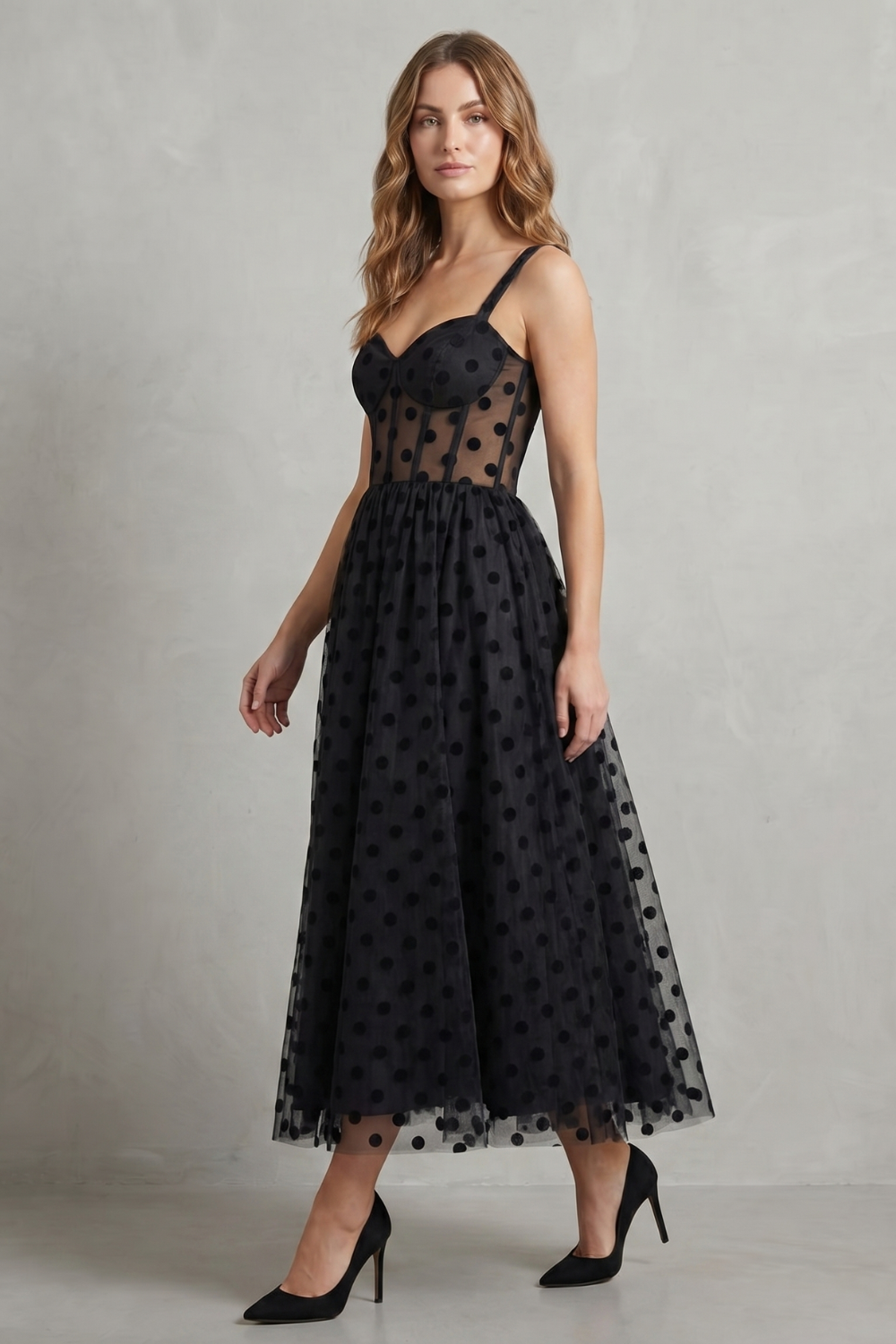 Rowena | Midi Dress Black Polka Dot Tulle Bustier Corset for Women