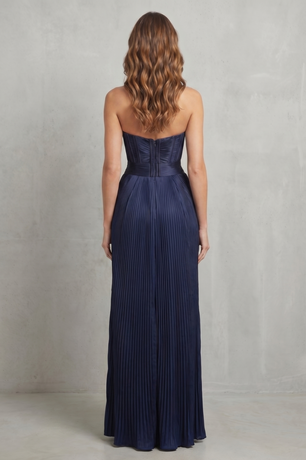 Phoebe | Maxi Dress Navy Blue Satin Strapless Pleated Corset for Women
