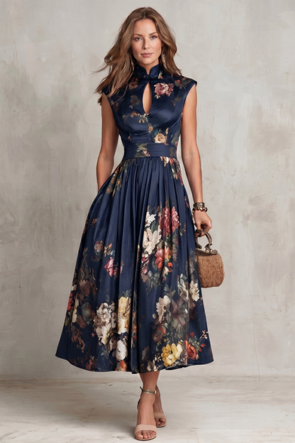 Cecily | Midi Dress Black Satin Floral Keyhole High Neck for Women