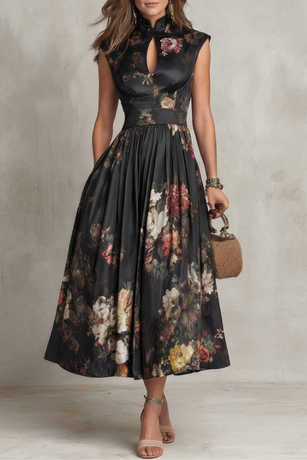 Cecily | Midi Dress Black Satin Floral Keyhole High Neck for Women