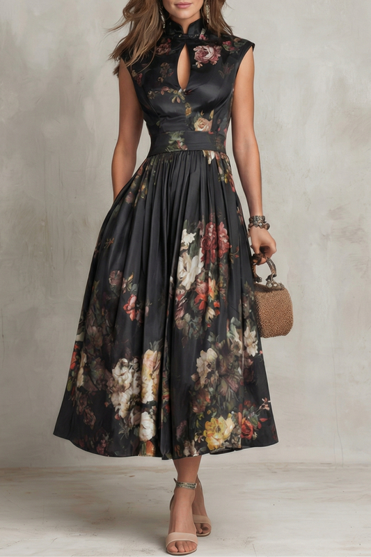 Cecily | Midi Dress Black Satin Floral Keyhole High Neck for Women
