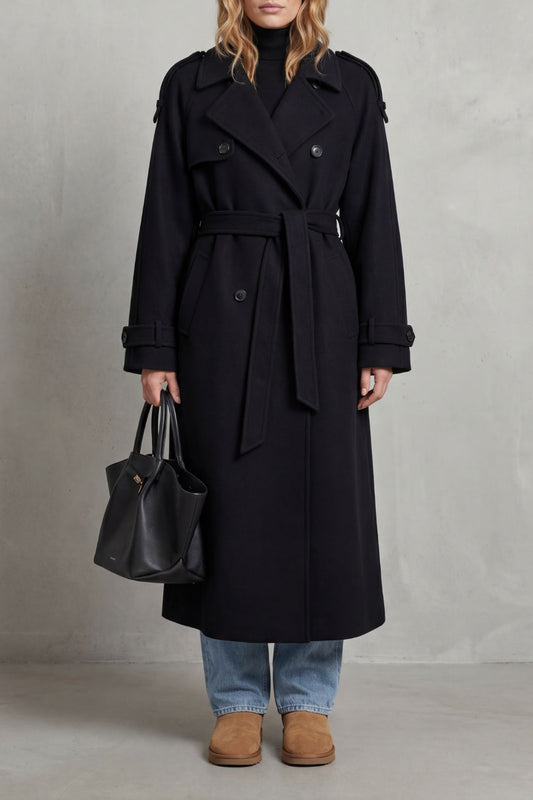 Tamsin | Trench Coat Black Wool Oversized Double-Breasted for Women