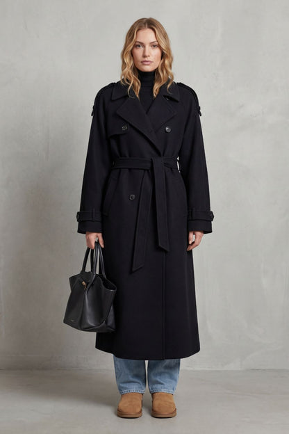 Tamsin | Trench Coat Black Wool Oversized Double-Breasted for Women