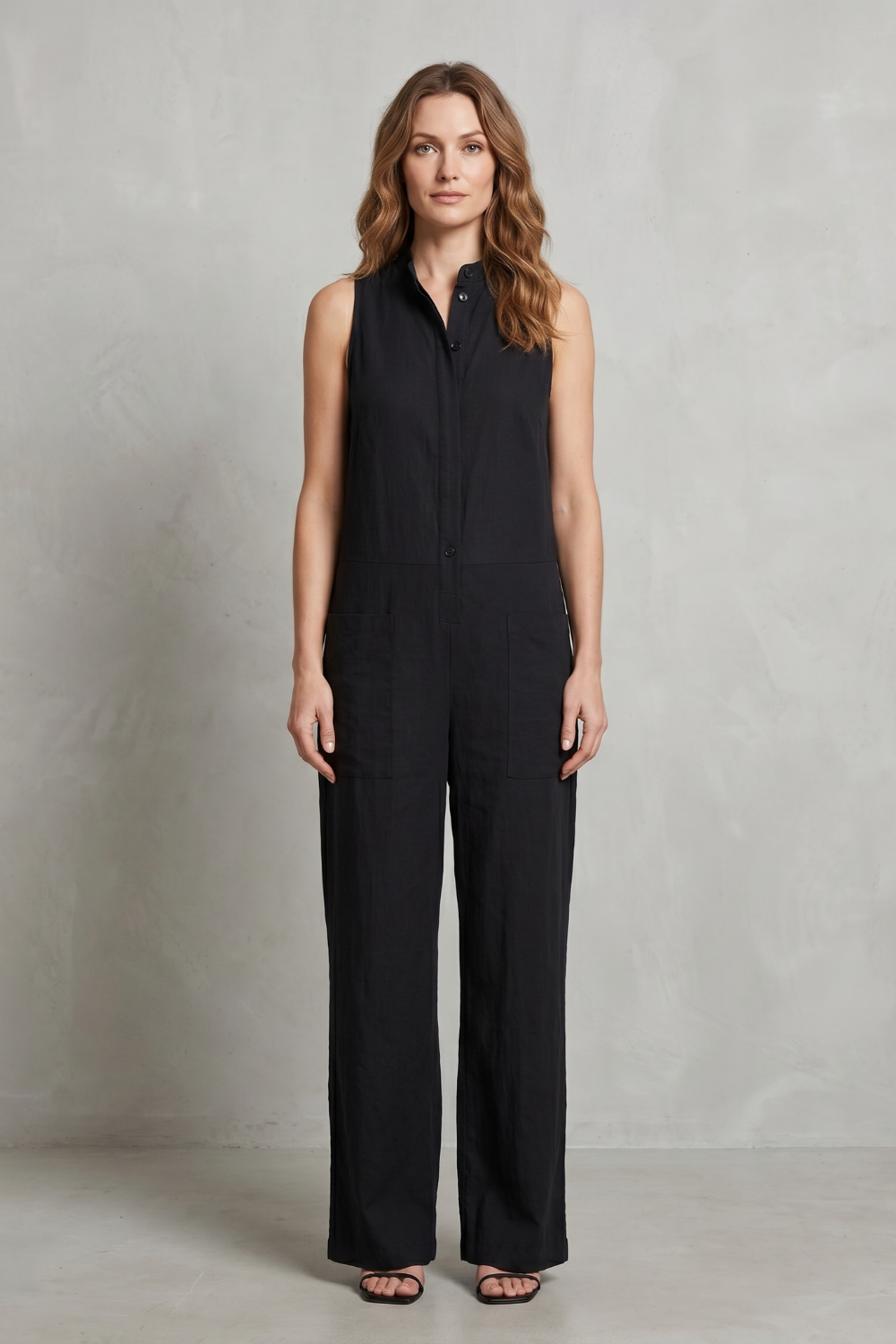 Rosalind | Sleeveless Jumpsuit Black Cotton Wide-Leg Utility for Women