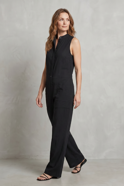 Rosalind | Sleeveless Jumpsuit Black Cotton Wide-Leg Utility for Women