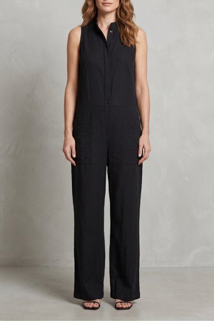 Rosalind | Sleeveless Jumpsuit Black Cotton Wide-Leg Utility for Women