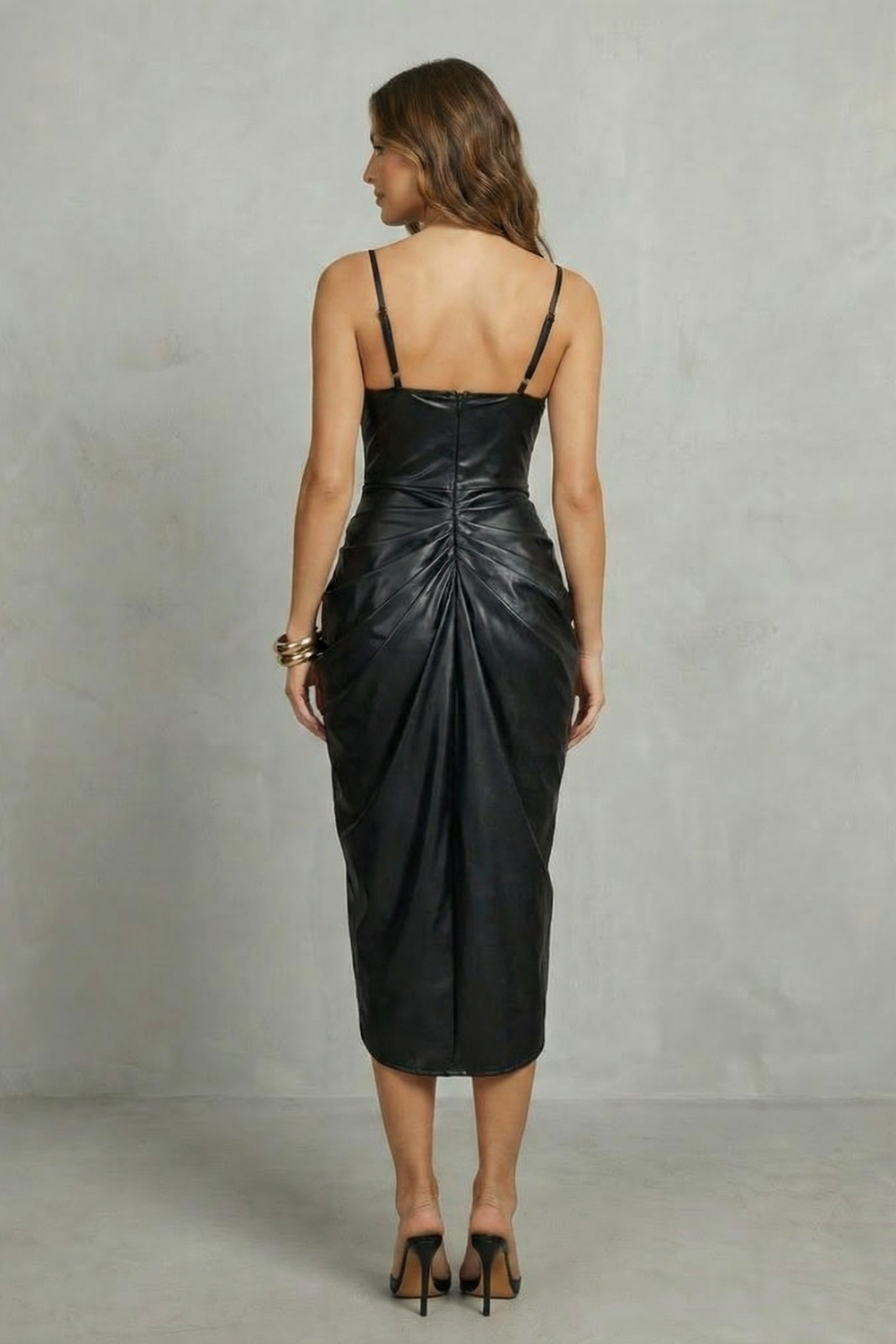 Phoebe | Midi Dress Black Faux Leather Ruched Spaghetti Strap for Women