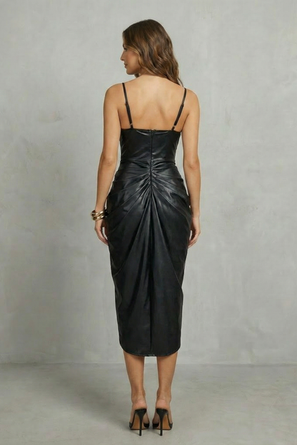 Phoebe | Midi Dress Black Faux Leather Ruched Spaghetti Strap for Women