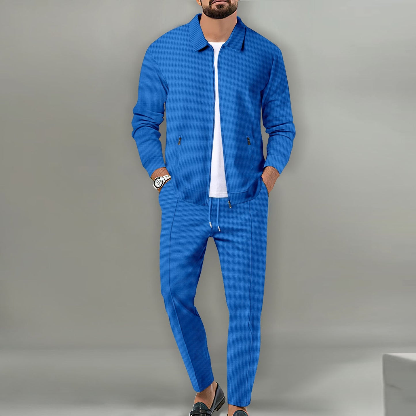 Percy | Suit Set Off-White Cotton Blend Slim Fit Zip Jacket and Trousers for Men