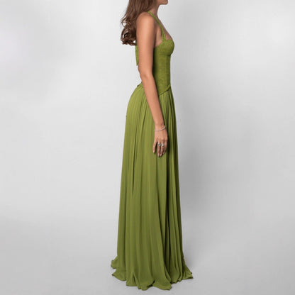 Sorcha | Maxi Party Dress Olive Green Lace Chiffon Halterneck Pleated for Women